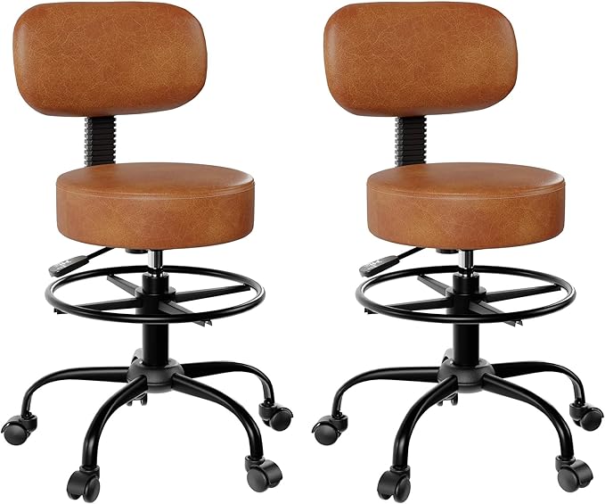 Drafting Chair with Back, Adjustable Foot Rest Rolling Stool with Wheels (2, Brown)