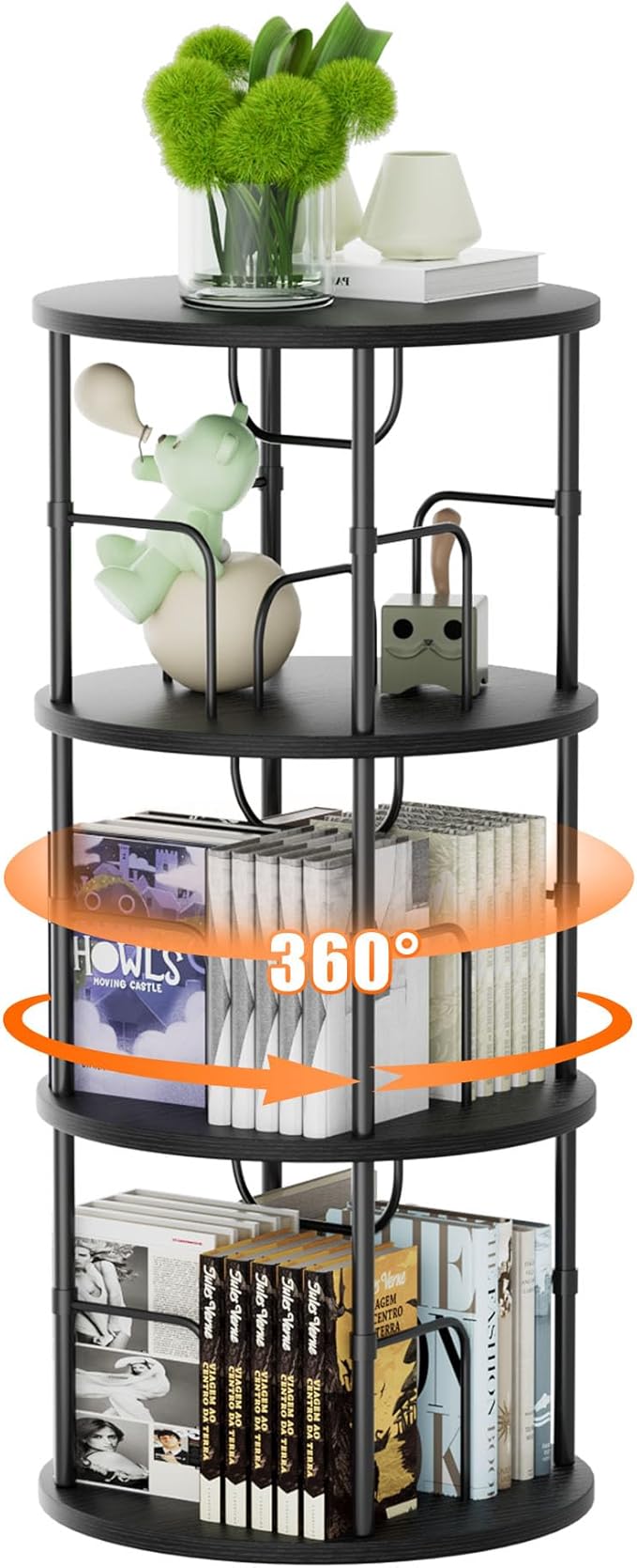 Flycity 3 Tier Rotating Bookshelf, 360° Corner Bookshelf Tower, Round Revolving Bookcase with Special Visible Partition Storage, Narrow Book Shelf Organizer for Living Room, Small Space, Black