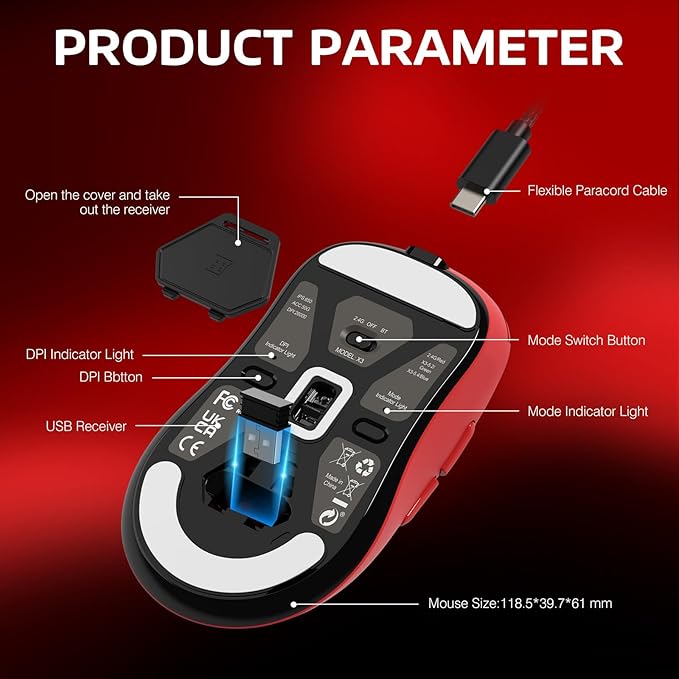 ATTACK SHARK X3 Lightweight Wireless Gaming Mouse with Tri-Mode 2.4G/USB-C Wired/Bluetooth,26K DPI, PAW3395 Optical Sensor,Kailh GM8.0 Switch,5 programmable Buttons for PC/Win/Mac(Red)