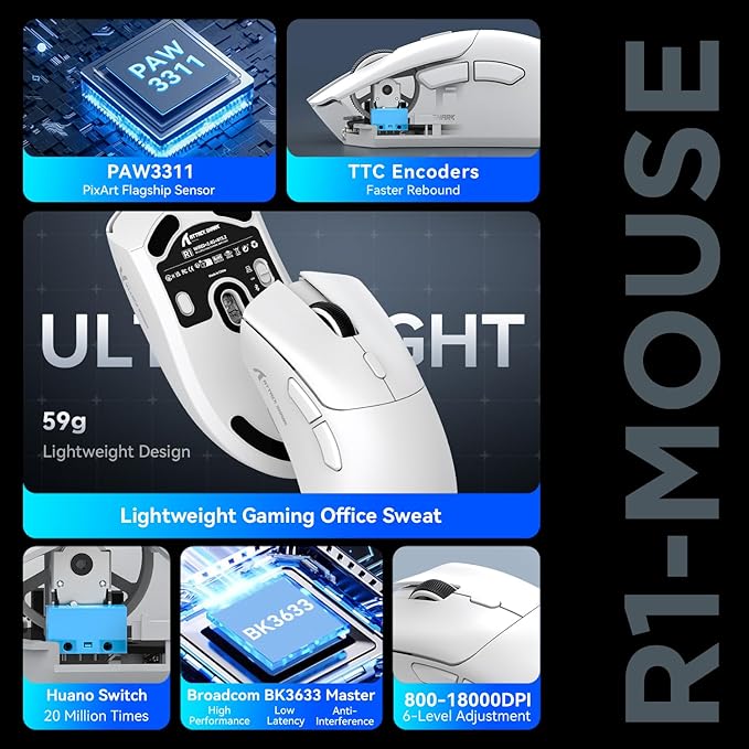 MAMBASNAKE Attack Shark R1 Wireless Gaming Mouse,PAW3311 Optical Sensor 18K DPI,59g Ultralight 2.4Ghz/BT/Wired Computer Mice for Win/Mac - White