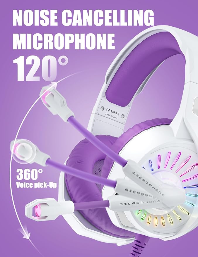 ZIUMIER Purple Gaming Headset with Microphone, Compatible with PS4 PS5 Xbox One PC Laptop, Over-Ear Headphones with LED RGB Light, Noise Canceling Mic, Stereo Surround Sound (Purple)