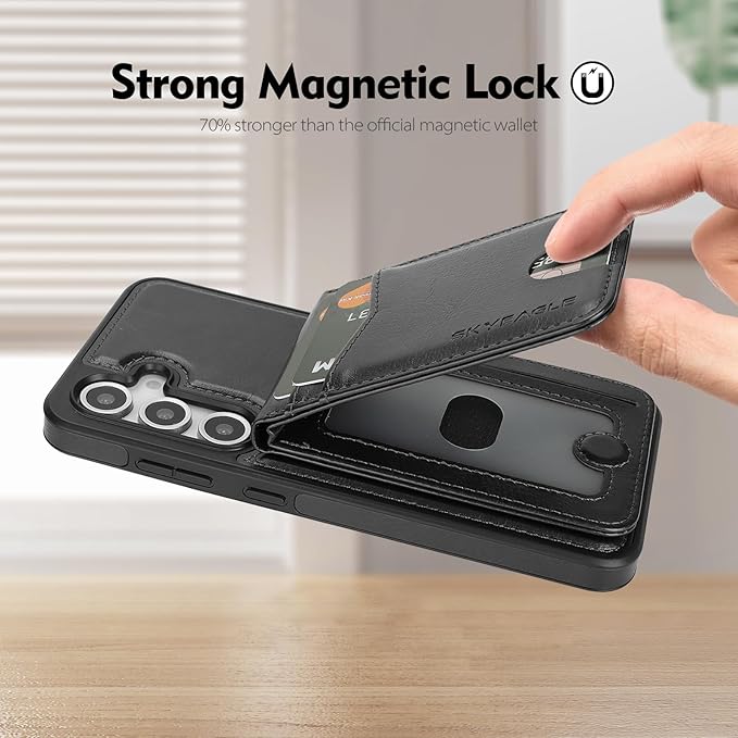 SkyEagle Compatible with Magsafe 2 in 1 Detachable Samsung Galaxy S25 Plus Wallet Case with Card Holder,Women Men Magnetic PU Leather RFID Blocking Flip Folio Kickstand Credit Slots,Black