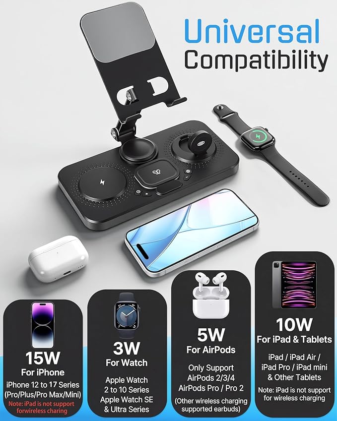 6 in 1 Charging Station for Apple Multiple Devices, Wireless Charging Station with Clock & 7 RGB Light, Foldable Wired Chargers for Multiple Devices for iPhone 17/16/15, iPad, Apple Watch, AirPods