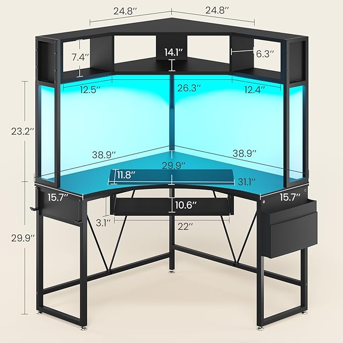 SEDETA Corner Desk, Small Computer Desk with Hutch & LED Lights, Triangle Corner Gaming Computer Desk with Keyboard Tray, Storage Bag, and Headphone Hook for Small Space, Home Office Desk, Black
