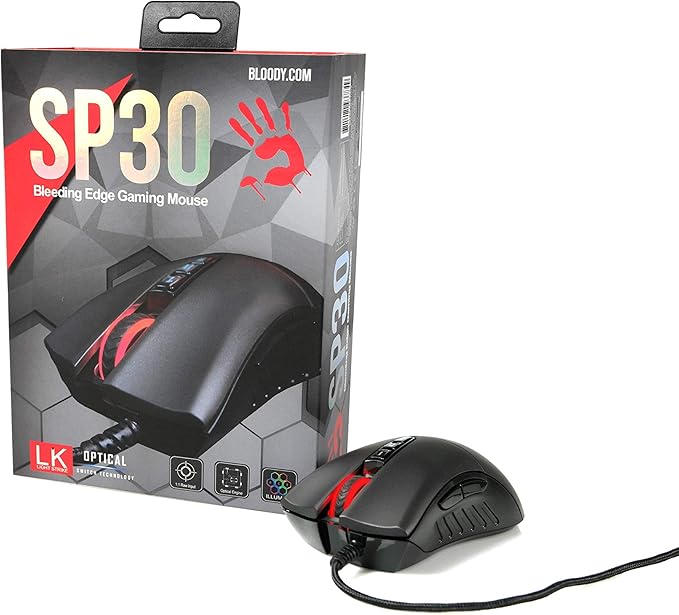 Bloody SP30 Ergonomic Optical Switch Gaming Mouse - Fastest Mouse Switch in Gaming - Enthusiast Grade Sensor - 8 Programmable Buttons - Non-Slip Rubberized Black