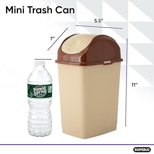 Superio Mini Desktop Trash Can with Swing Top Lid Portable Plastic Garbage Can for Countertop, Desktop, Make up Vanity, Bathroom, Car, Under Sink, Dorm, Compact Waste Bin 5 L, 1.25 Gal (2, Beige)