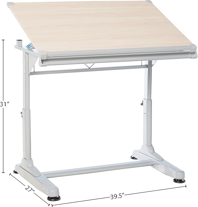 Stand Up Desk Store Adjustable Height and Angle Drafting Table Drawing Desk with Large Surface (Silver Frame/Birch Top, 40" W X 26" D)