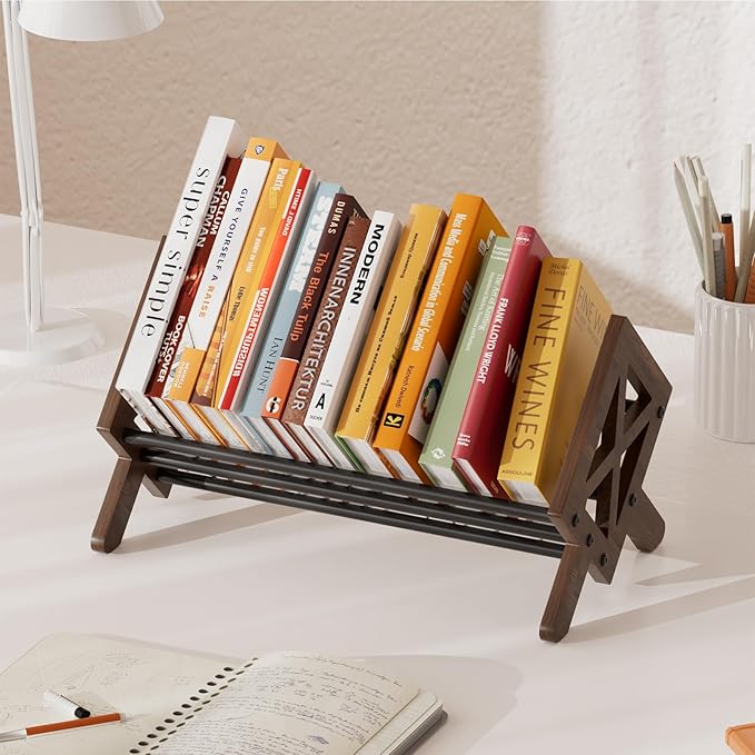 Desktop Bookshelf Organizer, Wood Office Tabletop Book Storage Rack, Tilting Bookcase for Books/CDs/Magazine Display (Black)