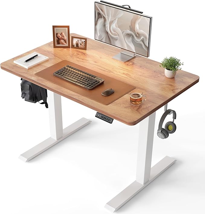 CubiCubi 32 x 20 Small One-Piece Standing Desk, Adjustable Height Electric Computer Sit Stand up Home Office Workstation, with 4 Memory Presets, Headphone Hook, Light Rustic