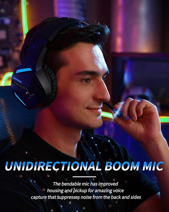 BINNUNE 2.4GHz Wireless Gaming Headset, Bluetooth 5.3 Gaming Headphones with Noise Canceling Mic, 120H Ultra-Long Battery, 50mm Drivers, Multi-Platform for PC / PS5 /PS4/ Switch/Mobile, Blue