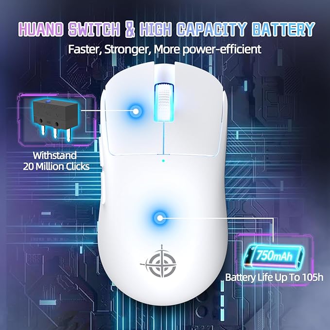 MAGIC-REFINER G6 Wireless Gaming Mouse,24000 DPI Adjustable,72g Lightweight Mouse,1000Hz Polling Rate,Tir-Mode BT/2.4G/ Wired Gaming Mouse,750mAh Battery,with Grip Tape for Gamer/Office/PC/Mac,White