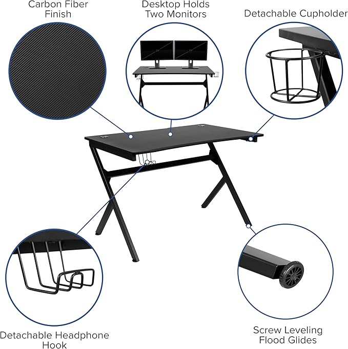EMMA + OLIVER Black/Gray Gaming Desk Set - Cup/Headset Holder/Reclining & Footrest