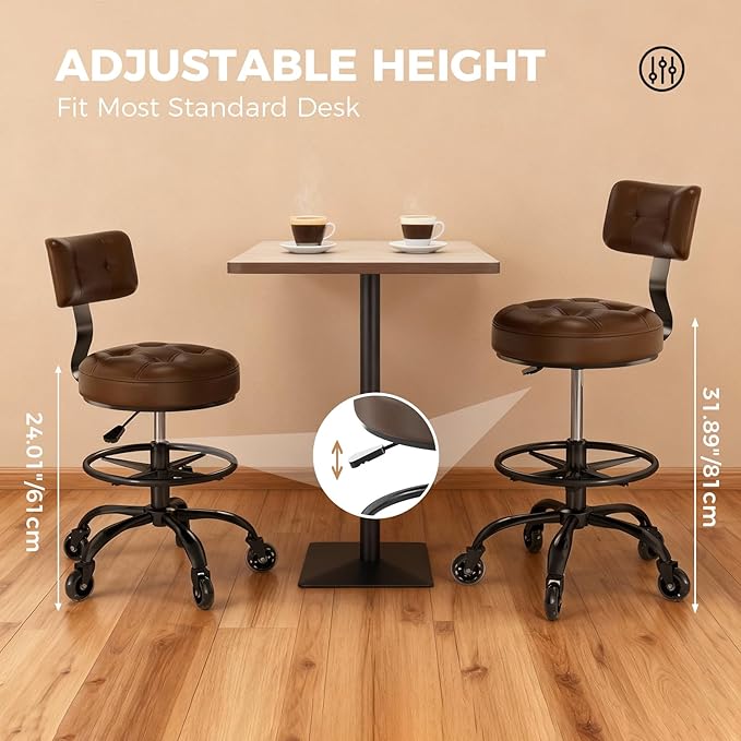 Office Drafting Chair with Footrest, Tall Height Adjustable Stool with Back Support, Heavy Duty Rolling Stool Chair with Wheels for Office Home Kitchen Bar Shop Guitar Studio Medical Vanity(Brown)