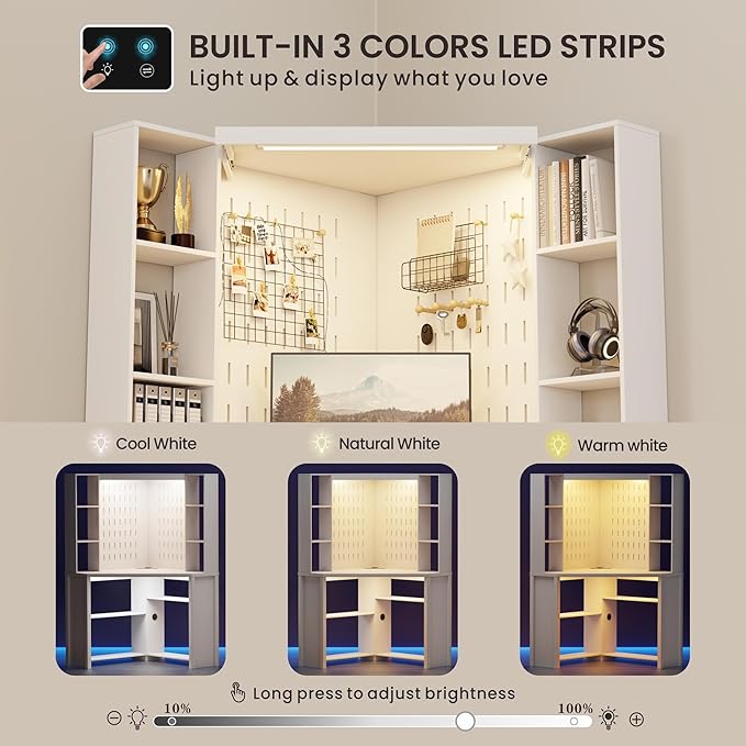 Corner Desk with LED Reading Lights, L Shaped Computer Desk with Hutch & Shelves, Triangle Home Office Desk w/ Charging Station for Work & Study, File Cabinet Storage Bookshelf for Small Space (White)