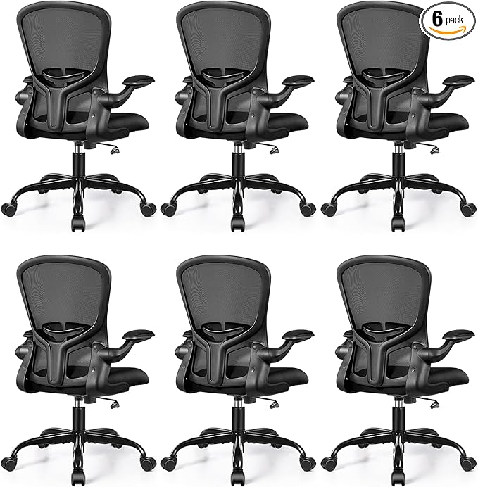 FelixKing Office Desk Chairs, Ergonomic PC Desk Chair with Wheels, Adjustable Lumbar Support and Height, Swivel Computer Chair with Flip-up Armrests, Ergo Mesh Backrest for Working (Black, Pack of 6)