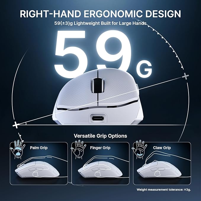 ATTACK SHARK V8 8K Wireless Gaming Mouse Whit 42000 DPI-PAW3950 MAX Sensor-59g Lightweight-Nordic54L15 MCU-400h Battery Life,Triple Modes,Gaming Accessories for PC/Laptop/Mac (White Griptape)