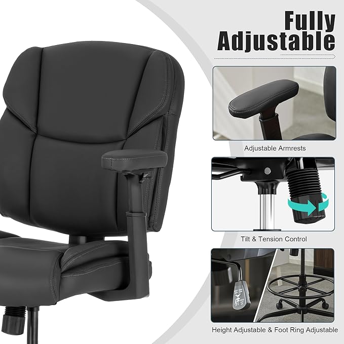 Okeysen Drafting Chair Standing Desk Chair, 500 LBS Leather Big and Tall Office Chair with Adjustable Armrests & Foot Ring, Modern Tall Desk Chair with Mid Back, Swivel Rolling Drafting Stool.