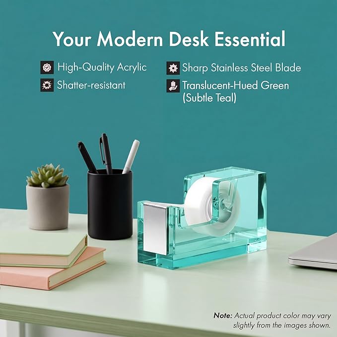 OfficeGoods Acrylic Tape Dispenser – Modern Desk Organizer for Office Supplies, Heavy Duty Refillable Tape Holder for Home and School Crafting, Stylish Desktop Accessory for Gift Wrapping, Green