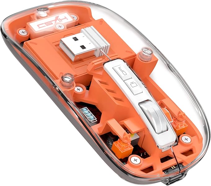 A.JAZZ Wireless Bluetooth5.1&2.4G Mini Lightweight Mouse,Transparent Clear Cool,Rechargeable Silent Computer Mice,Nano USB C Receiver,LED Battery Magic Silm For Office/PC/Mac/Laptop/Apple/ipad(Orange)