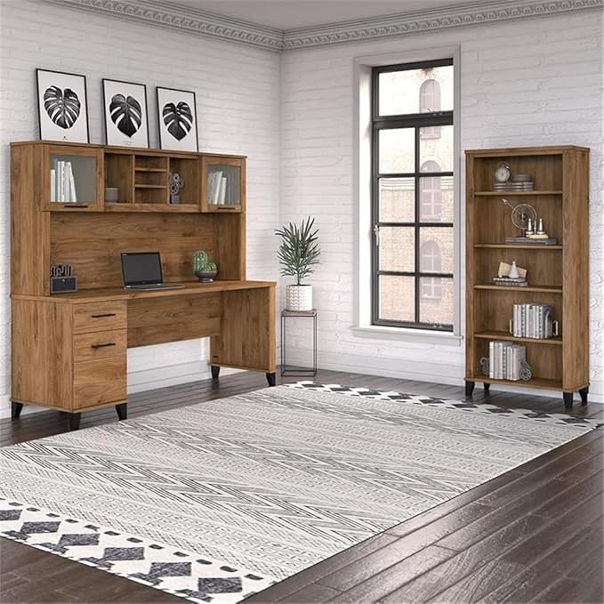 Pemberly Row 72W Desk with Hutch and Bookcase, Fresh Walnut Engineered Wood, Frosted Glass Doors, Adjustable and Fixed Shelves, Wire Management, Home Office Furniture Set
