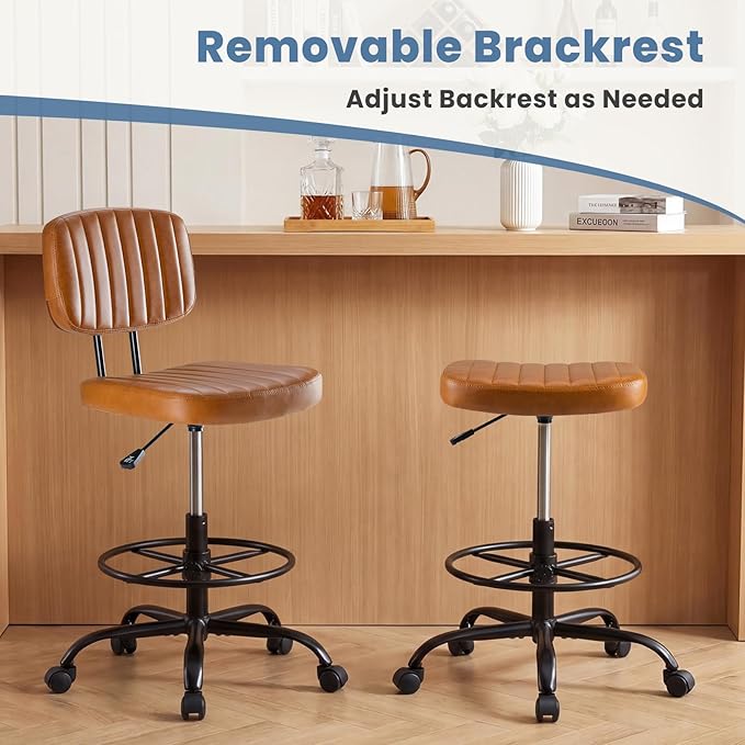 DUMOS Armless Drafting Chair, Low Back Office Seat with Adjustable Footrest Ring for Standing Desk, Ergonomic PU Leather Office Seating, Swivel Rolling High Stool for Studio, Lab, Counter, Brown