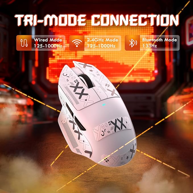 MAMBASNAKE×Attack Shark V6 65g Lightweight RGB Gaming Mouse with Magnetic Charging Dock, BT/2.4G Wireless/Wired 1K Polling Rate, 25K DPI, Programmable Mice for PC/Mac/Laptop(White&Stickers)