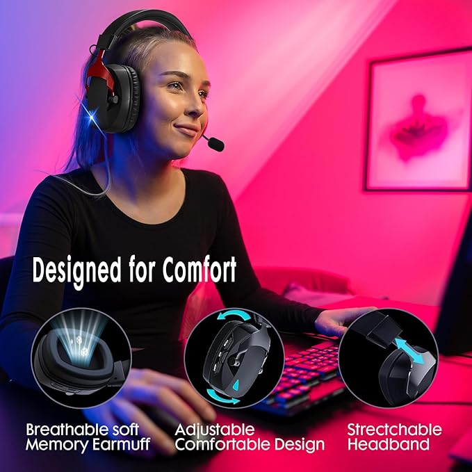 Wireless Gaming Headset for PS5, PS4, PC, Nintendo Switch, 2.4GHz USB Gaming Headphones, Bluetooth 5.3, 50H Battery, Noise Canceling Microphone, ONLY 3.5mm Wired Mode for Xbox Series-Black and Red