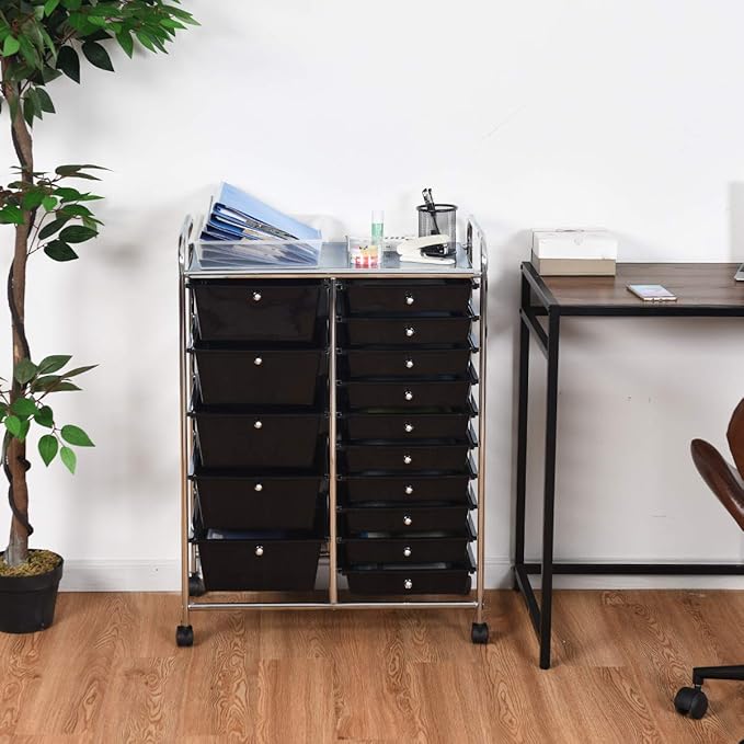 Moccha 15-Drawer Rolling Storage Cart - Under Desk Storage Drawers with wheels for Craft Art Supply Paper Salon, Scrapbook Paper Tools, Mobile Utility Cart for Classroom (15 Drawers, Black)