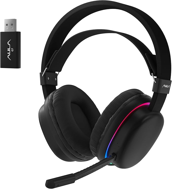 AULA G7 Wireless Gaming Headset with Detachable Noise Canceling Mic, 40mm Driver, BT5.3 Gaming Headphones with RGB Light, 10ms Latency, 60Hr Battery, PC Gaming Headset for PS5,PS4, Switch,Xbox,PC