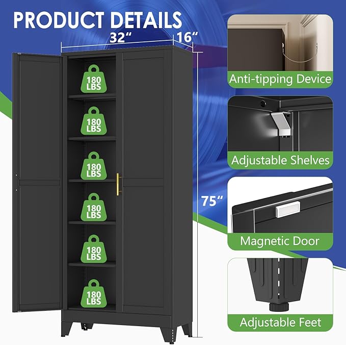75" Metal Storage Cabinet with Adjustable Leveling Foot,Garage Storage Cabinets with 2 Doors and 5 Adjustable Shelves, Black Steel Cabinet for Office,Home,Garage