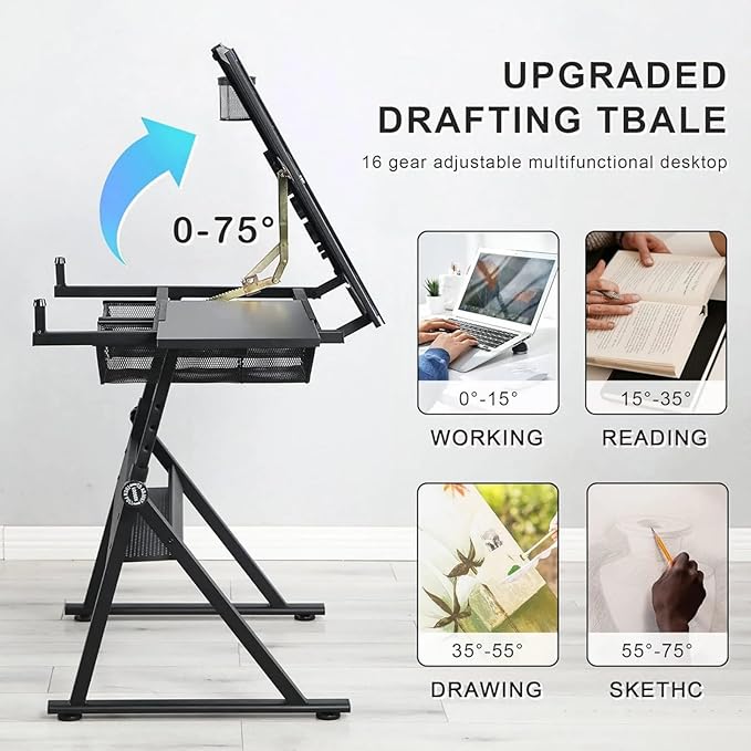 Glass Drafting Table and Stool Sets, Adjustable Height Drawing Table Art Craft Artist Desk Tilting Glass Tabletop with 2 Storage Drawers for Home Office (Black)