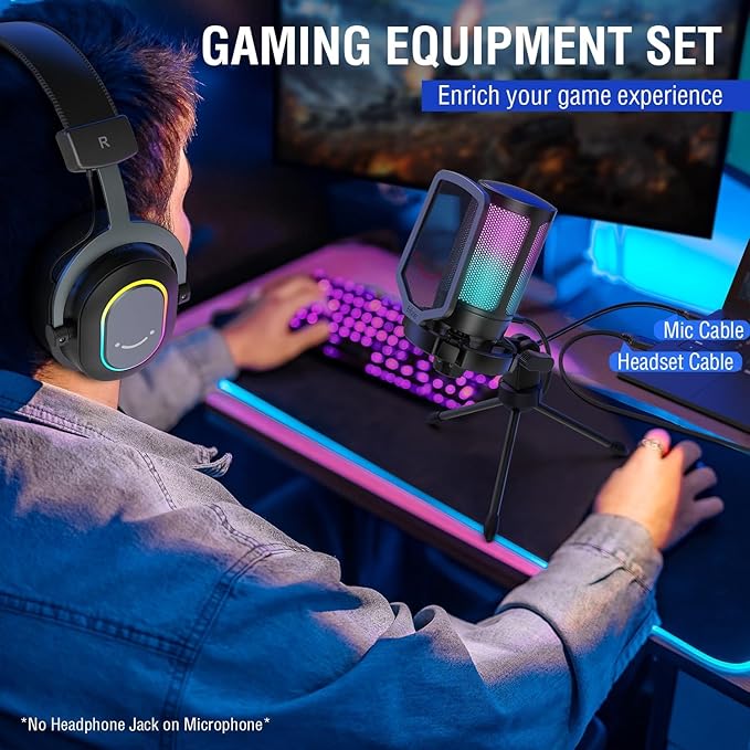 FIFINE Gaming USB Microphone with Headset Bundle for PS5, PC Condenser Mic with Quick Mute, RGB, Gain Control for Streaming, Wired Headphones with Microphone Set with EQ Mode, Soft Ear Pads (A6V+H6)