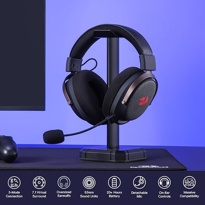 Redragon H858 3-Mode Wireless Gaming Headset, 7.1 Surround Sound, 53 mm Drivers, Memory Foam Ear Pads, Detachable Noise-canceling Microphone, Over-Ear Headphones Works for Phone, PC/PS5/NS, Black