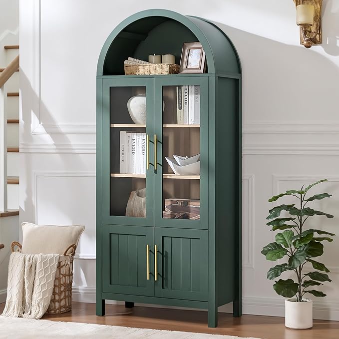 71" Tall Arched Display Cabinet, 5-Tier Bookshelf Modern Farmhouse Arched Bookcase with Glass Doors and Shelves, Wooden Pantry Storage Cabinet for Living Room, Office and Kitchen, Green