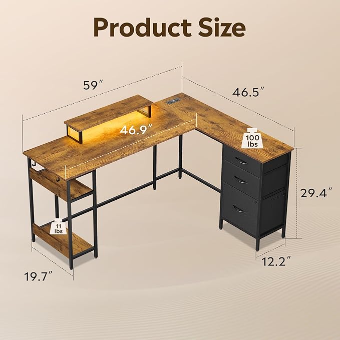 DEVAISE L Shaped Gaming Desk with Drawers and Storage, L Shaped Desk with LED Lights, Power Outlets, PC Desk with Monitor Stand, Corner Desk for Home Office (Rustic Brown, 60 Inch)