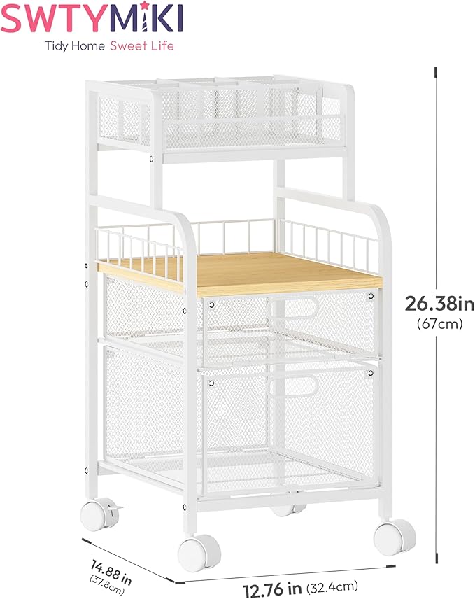 SWTYMIKI Rolling Cart with Drawers - Metal Utility Cart with Wood Shelf, DIY Divider and Locking Wheels, Craft & Art Cart Organizer for Under Desk Storage for Home Office Studio, White