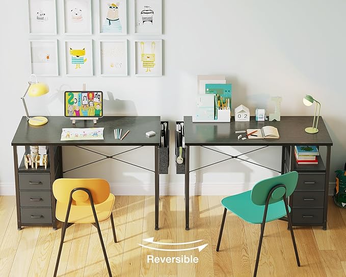 AODK 40-Inch Small Computer Desk with Fabric Drawers, Kids Girls Teen Study Writing Desk for Bedroom, Home Office Desk with Storage Shelf & Bag for Small Space, Black