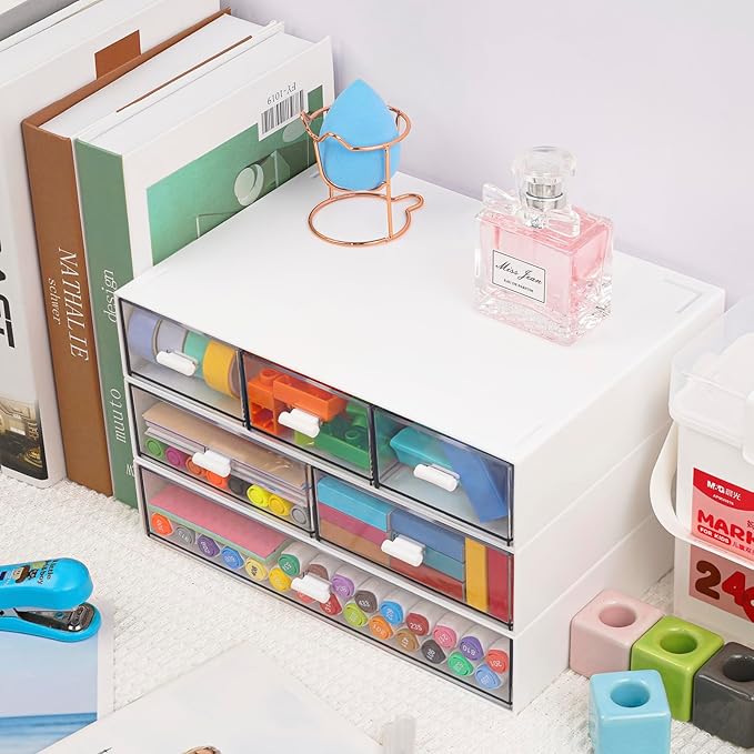 3 Tier Stackable Desk Organizer with 6 Drawers, YOCOMEY Plastic Desktop Storage Box Drawers, Detachable Makeup Storage Office Stationery Supplies Organizer for Office School(New White)