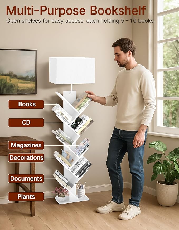9 Tier Tree Bookshelf with Light, Remote & Timer, Dimmable Tall Floor Book Shelf, Narrow Wood Bookcase, Small Book Organizer Shelves for Living Room, Bedroom, Home Office (White)