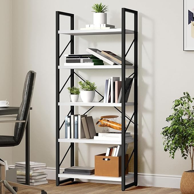 YITAHOME 5 Tiers Bookshelf, Classically Modern White Bookshelf, Book Rack, Storage Rack Shelves in Living Room/Home/Office, Books Holder Organizer for Books/Movies, Black & White