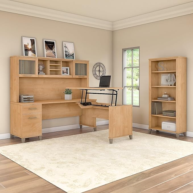 Bush Furniture Somerset 72W 3 Position Sit to Stand L Shaped Desk with Hutch and Bookcase in Maple Cross