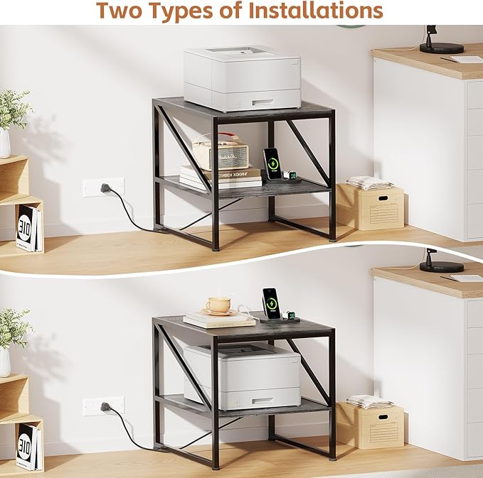 2-Tier Large Priner Stand with Charging Station, 20"×20" Under Desk Printer Table with Power Outlets and USB Ports for Home Office, Heavy Duty Storage Rack for Scanner Fax Machine Heat Press, Grey Oak
