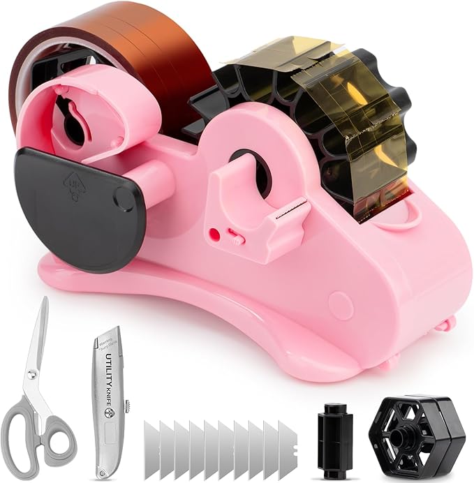 THINKLEARN Heat Tape Dispenser - Sublimation Heat Transfer Tape Dispenser with Scissors and Utility Knife, 1 '' & 3'' Core, Multi-Roll Pre-Cut Tape Dispenser, Light Pink