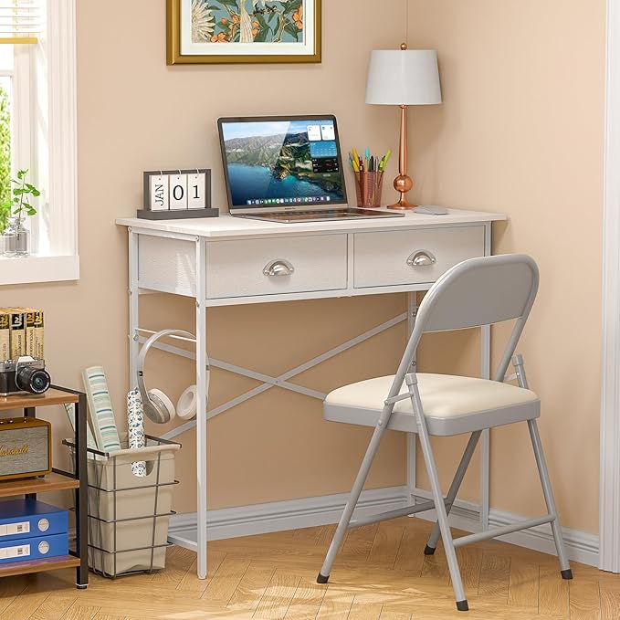 DAOUTIME Small Writing Desk for Kids Bedroom, 31.5 Inch White Computer Desk for Small Spaces, Simple Desk with 2 Fabric Drawers for Home Office, Dorm, Living Room, Home Study Table, White