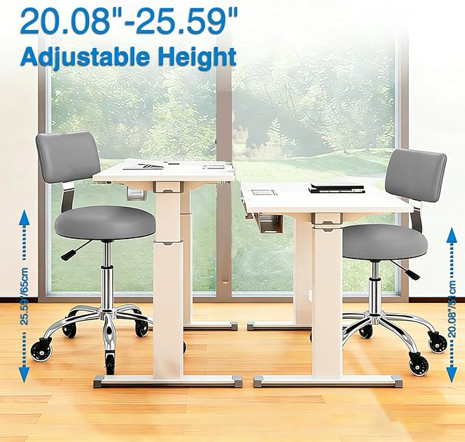 Rolling Stool Chair with Wheels, Office Drafting Chair with Back Support, Height Adjustable Standing Desk Stool with PU Leather Cushion for Home Office Kitchen Vanity Salon Garage Tattoo Dentist(Grey)