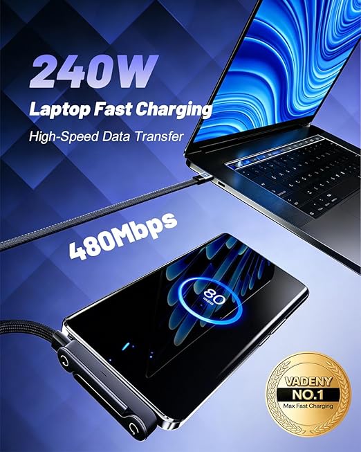 240w USB-C Stand Data Cable,Flat Phone Charger Sideways Invisible Stand Data,5ft Type-C Charging Cables with Built-in Holder,Nylon Braided High-Speed Charge Cord for Phone,Tablets,Laptops