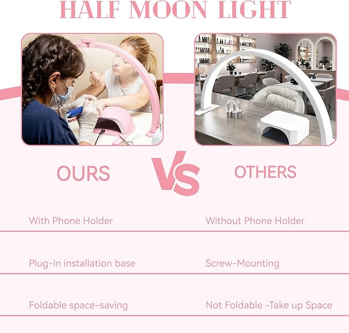 Kadden Foldable Large Half Moon LED Light for Table Nail Desk with Phone Stand, Upgrade Arch Light for Nail Techs with Wire Controller for Manicure Tattoo Beauty (Pink, Large)