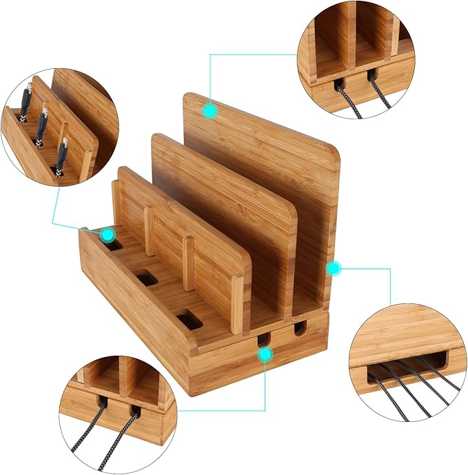 Bamboo Wood Multi-Device Desktop Charging Dock Station Charger Holder Cradle Stand Compatible for iPhone 16 15 14 13 12 11 Pro Max iPad mini Pro Air Laptop Tablets Samsung LG Sony Smartphones