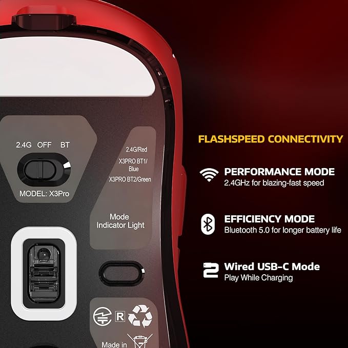 MANBASNAKE Attack Shark X3 Pro 4K/8K Hz Mouse, 59g Superlight BT/2.4G Wireless/Wired Gaming Mouse, PixArt PAW3395 Gaming Sensor, 26000 DPI, Programmable Buttons for Win11/Xbox/PS/Mac(Red)