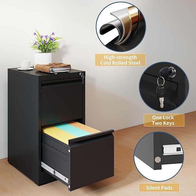 2 Drawer File Cabinet with Lock, Vertical Filing Cabinets for Home Office, Metal Storage Cabinets, Heavy Duty File Cabinet for Letter/Legal/A4/F4 Size Amsseble Required, Black